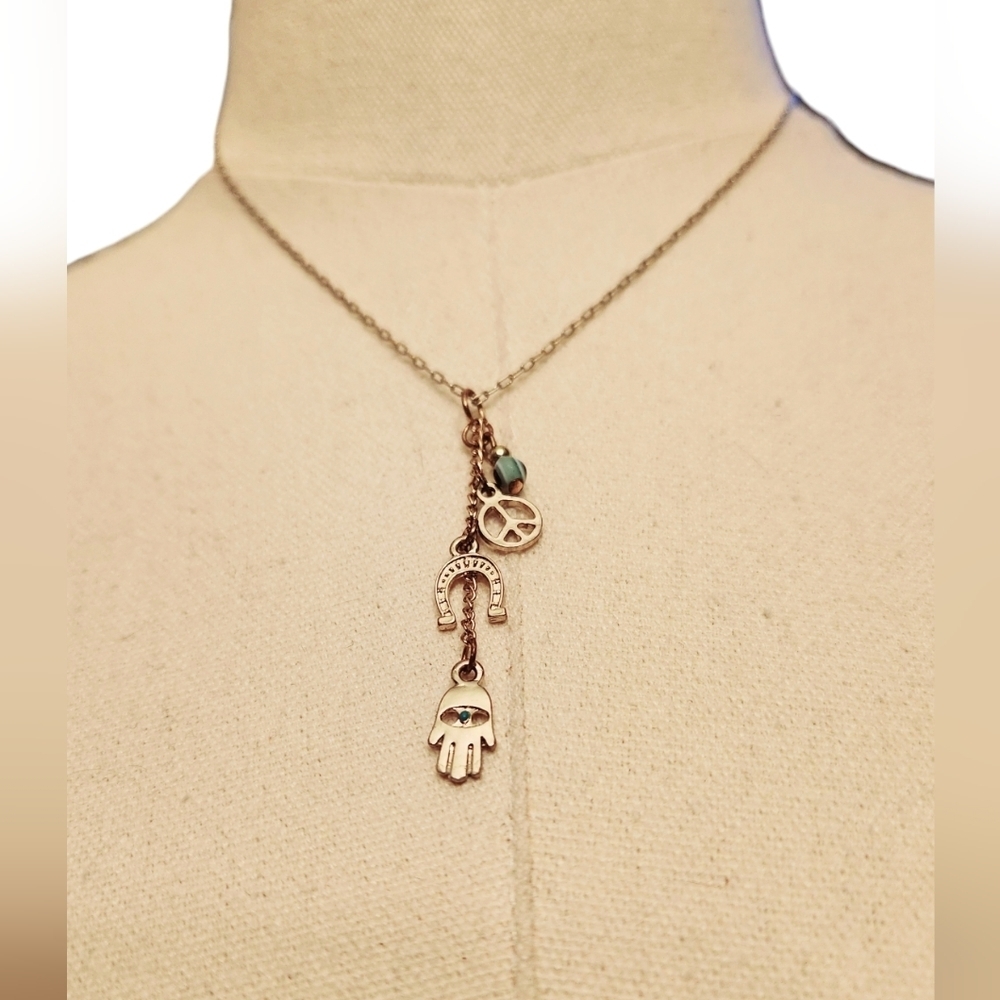 Hamsa Hand Evil Eye Horseshoe Peace Sign Necklace